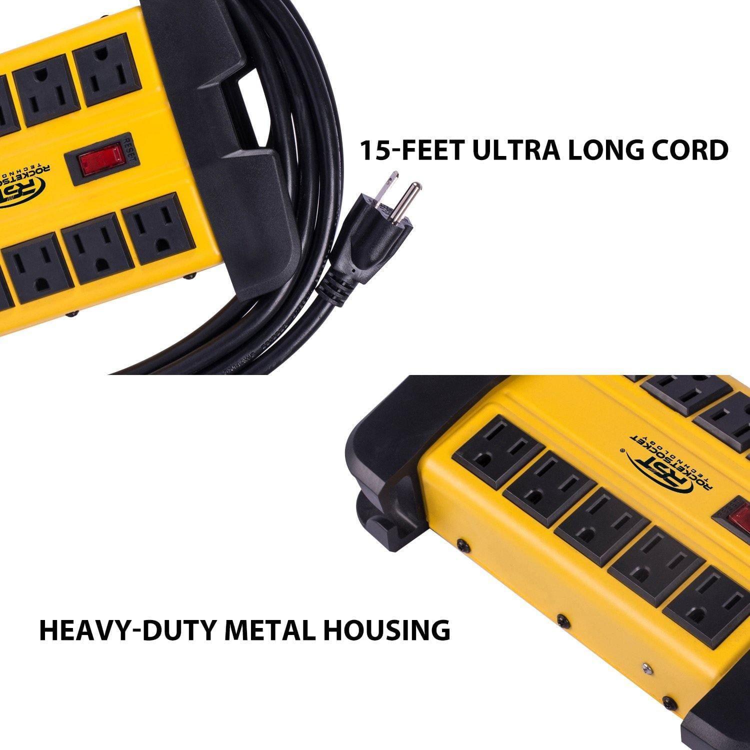 CRST 10 Outlets Mountable Heavy Duty Power Strip Surge Protector with Cord Wrapping design, Optional 15FT or 6FT Power Cord Rocket Socket Technology