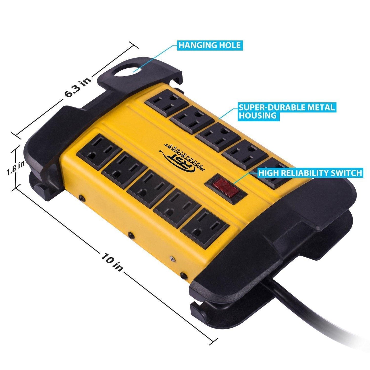 CRST 10 Outlets Mountable Heavy Duty Power Strip Surge Protector with Cord Wrapping design, Optional 15FT or 6FT Power Cord Rocket Socket Technology