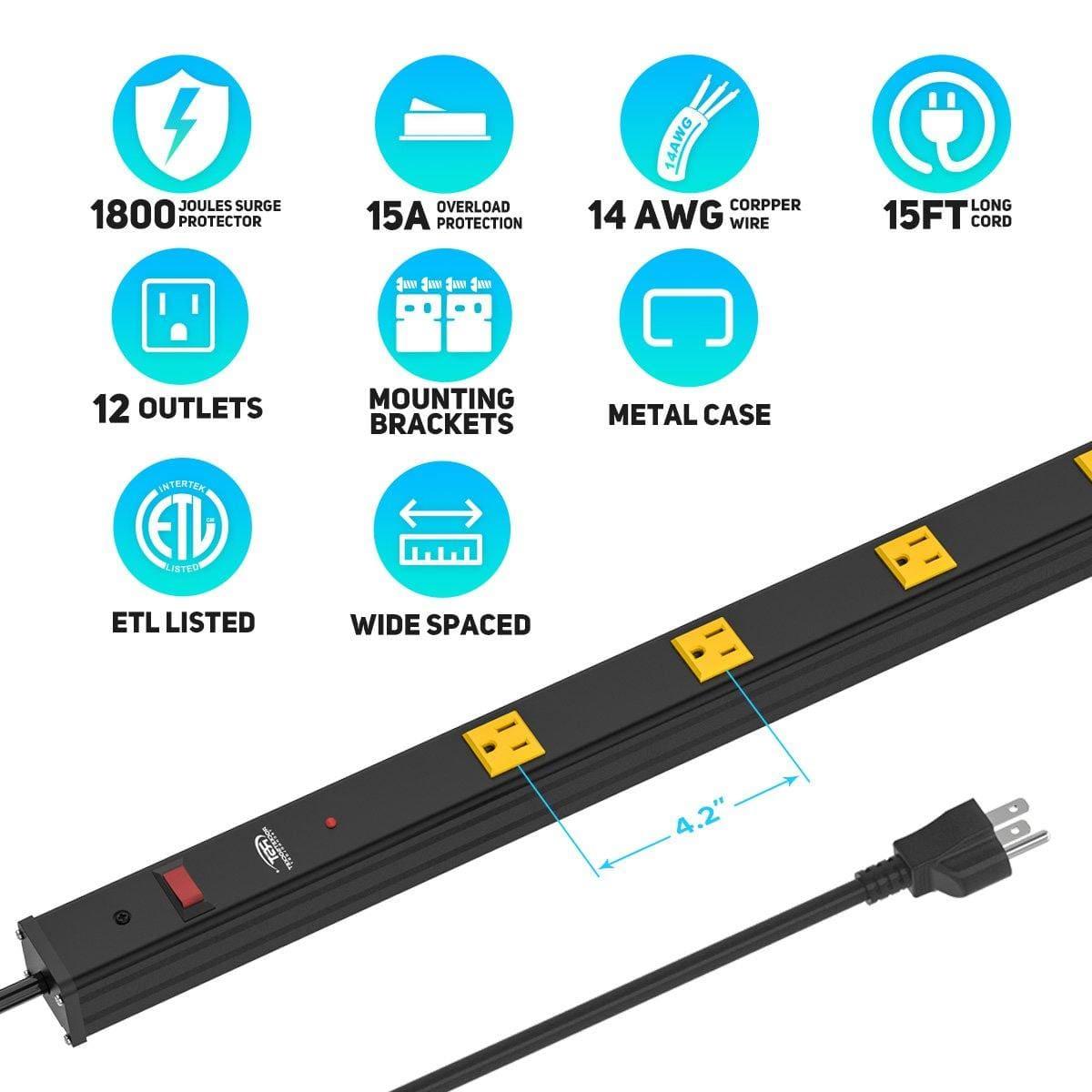 CRST 4.2" Wide Spaced 12 Outlets Mountable Metal Power Strip Surge Protector, 15FT Power Cord, Mounting Brackets Included - Get it from Bo