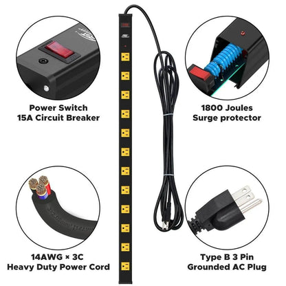 CRST Wideoutlets 2.6" Wide Spaced 12 Outlets Mountable Metal Power Strip Surge Protector with 1800 Joule Protection & EMI Filter Heavy Duty Construction 15A Circuit Breaker Included Rocket Socket Technology