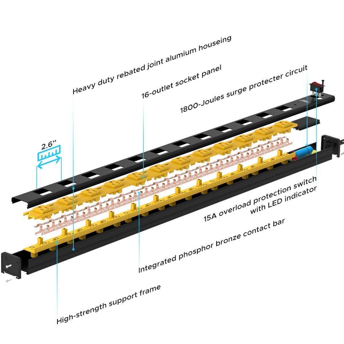 CRST Wideoutlets 2.6" Wide Spaced 12 Outlets Mountable Metal Power Strip Surge Protector with 1800 Joule Protection & EMI Filter Heavy Duty Construction 15A Circuit Breaker Included Rocket Socket Technology