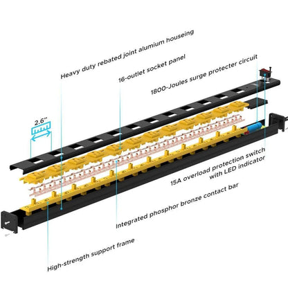 CRST Wideoutlets 2.6" Wide Spaced 12 Outlets Mountable Metal Power Strip Surge Protector with 1800 Joule Protection & EMI Filter Heavy Duty Construction 15A Circuit Breaker Included Rocket Socket Technology