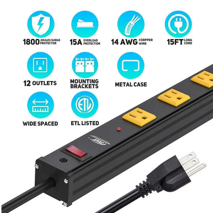 CRST Wideoutlets 2.6" Wide Spaced 12 Outlets Mountable Metal Power Strip Surge Protector with 1800 Joule Protection & EMI Filter Heavy Duty Construction 15A Circuit Breaker Included Rocket Socket Technology