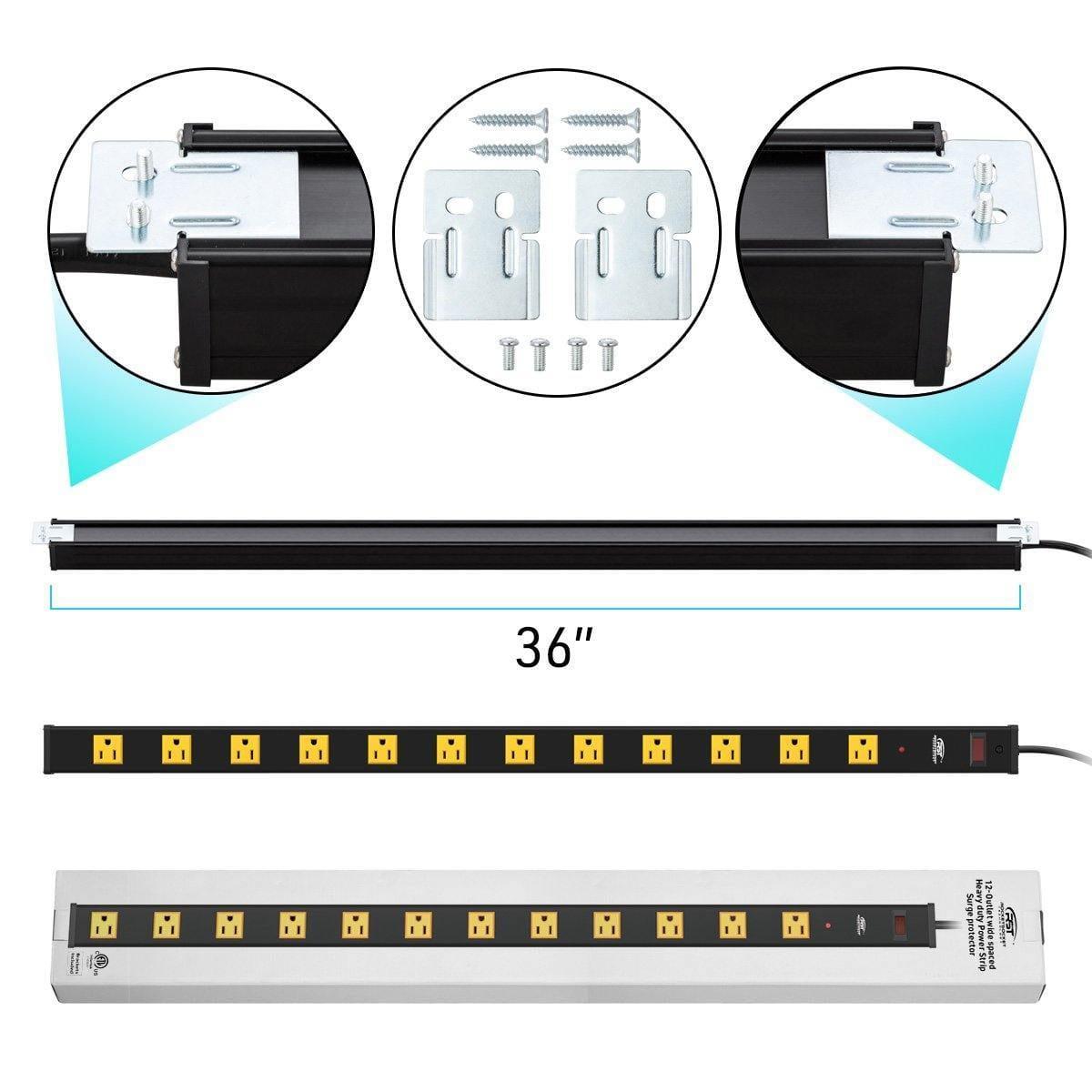 CRST Wideoutlets 2.6" Wide Spaced 12 Outlets Mountable Metal Power Strip Surge Protector with 1800 Joule Protection & EMI Filter Heavy Duty Construction 15A Circuit Breaker Included Rocket Socket Technology