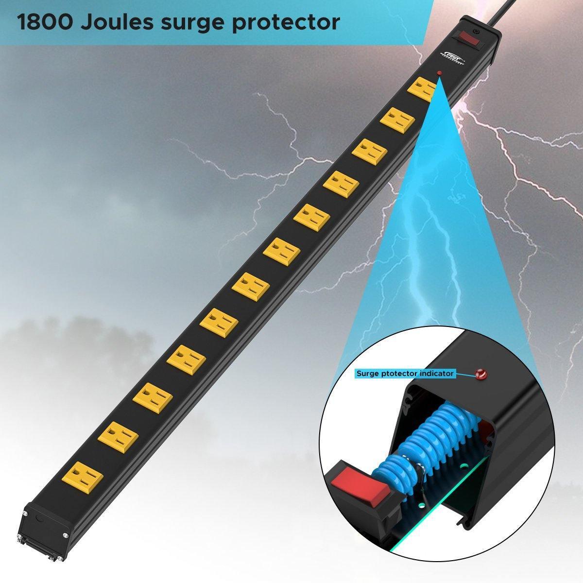 CRST Wideoutlets 2.6" Wide Spaced 12 Outlets Mountable Metal Power Strip Surge Protector with 1800 Joule Protection & EMI Filter Heavy Duty Construction 15A Circuit Breaker Included Rocket Socket Technology