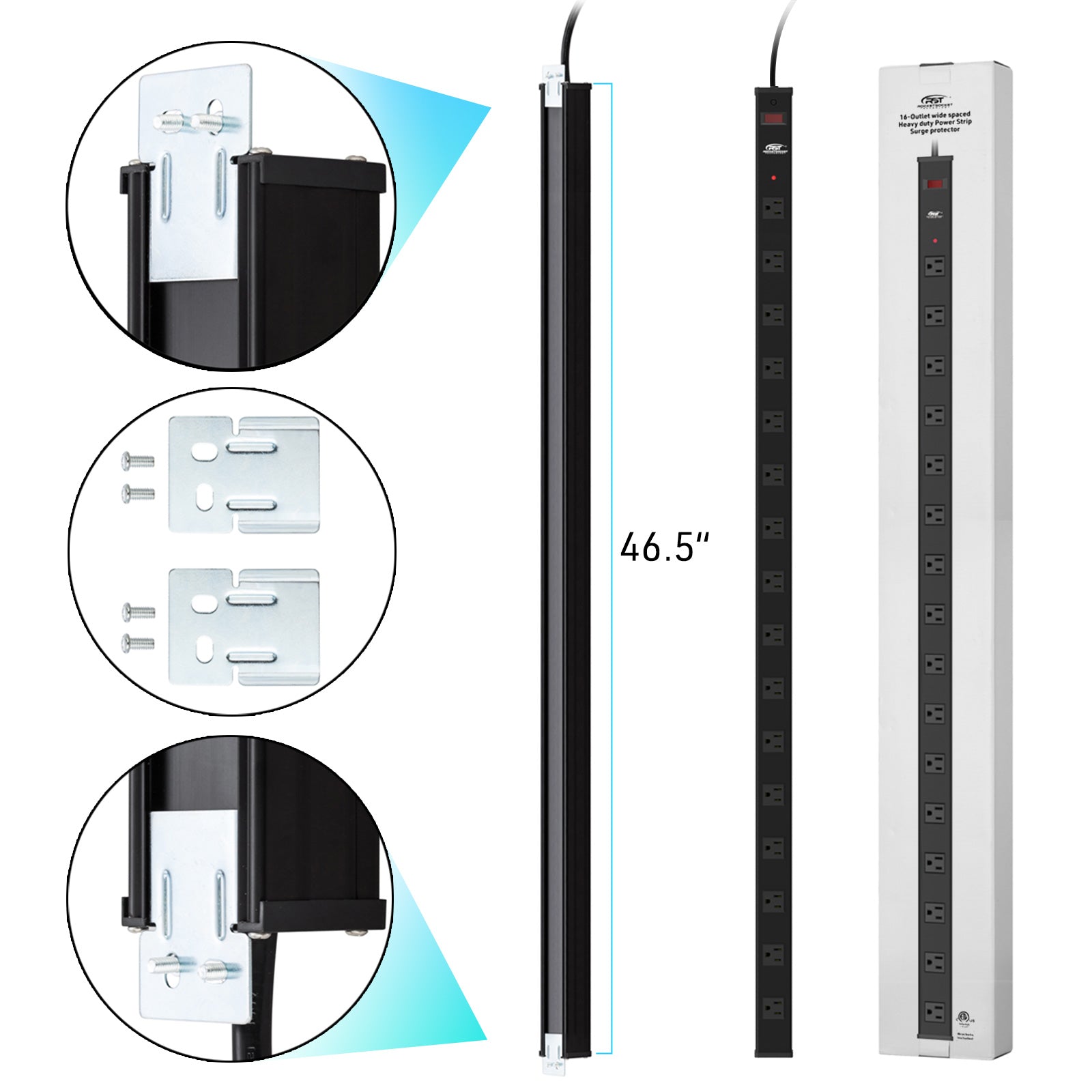 CRST 2.6" Wide Space 16 Outlets Mountable Metal Power Strip Surge Protector, Optional 15FT/6FT Power Cord, Mounting Brackets Included - Get it from Bo
