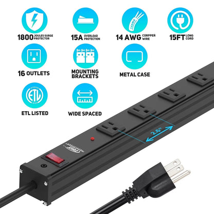 CRST 2.6" Wide Space 16 Outlets Mountable Metal Power Strip Surge Protector, Optional 15FT/6FT Power Cord, Mounting Brackets Included - Get it from Bo