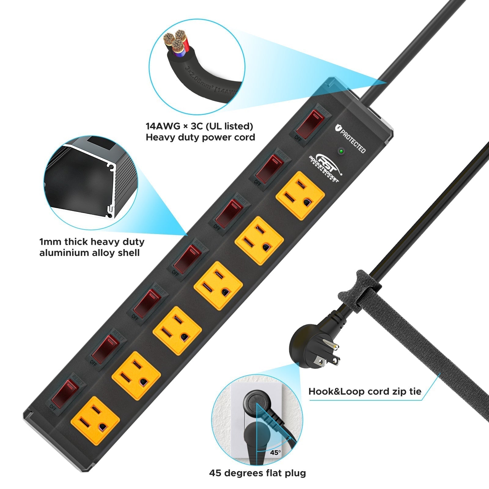 CRST 6 Outlets Individual Switches Mountable Metal Power Strip Surge Protector, 6FT Flat Plug Power Cord Rocket Socket Technology