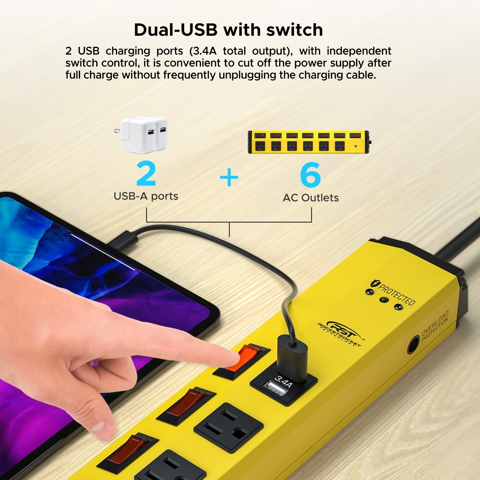CRST 6 Outlets Individual Switches Mountable Metal Power Strip Surge Protector with Dural USB Ports 6FT Flat Plug Power Cord - Get it from Bo