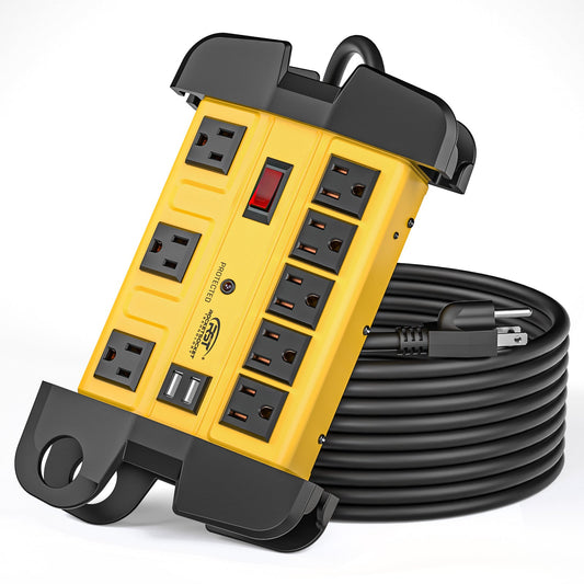CRST 8 Outlets Dural USB Mountable Metal Power Strip Surge Protector with Cord Wrapping Design, Optional 15FT or 6FT Power Cord Rocket Socket Technology