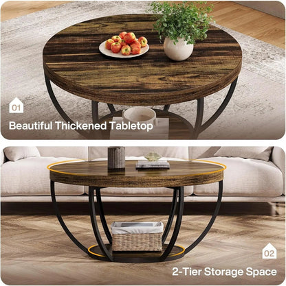 Round Coffee Table 31.7Inches Rustic Brown Storage - Get it from Bo
