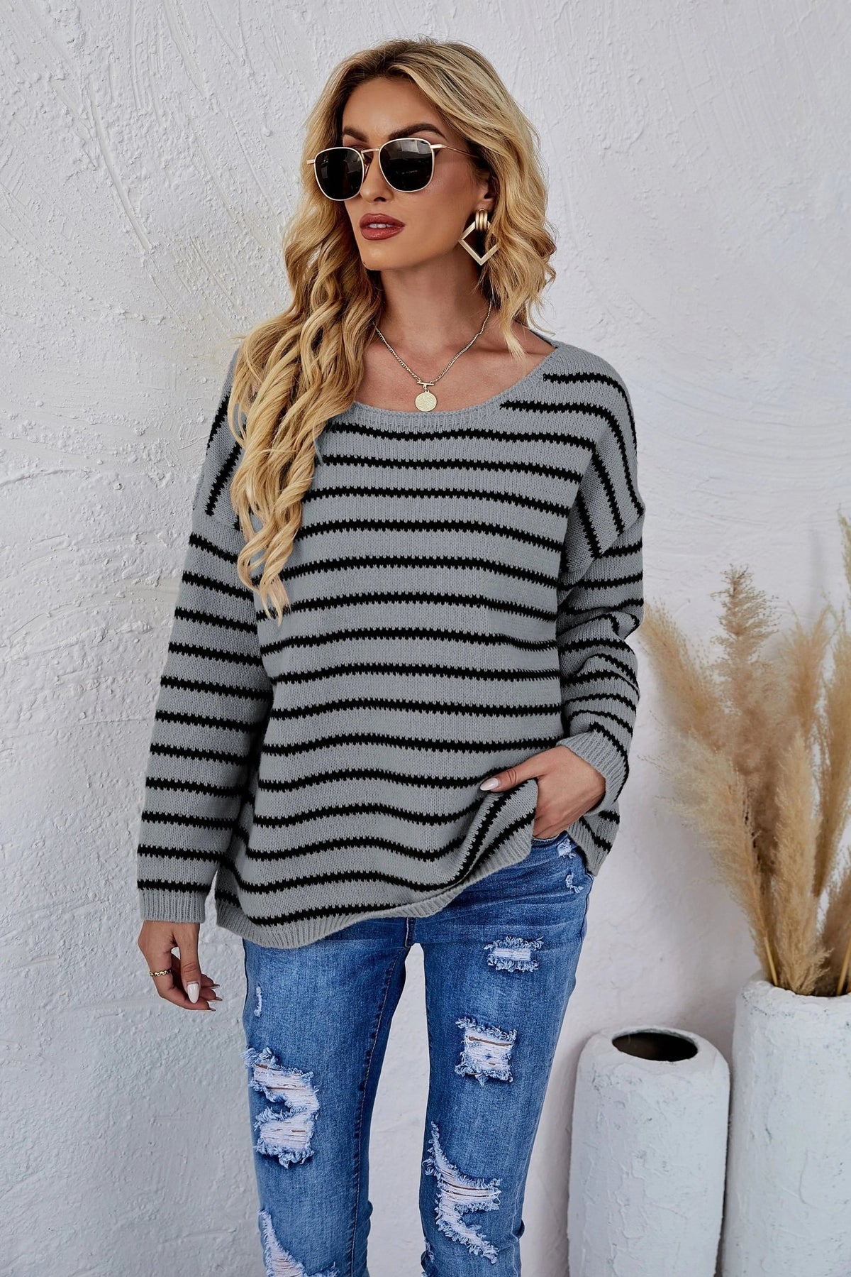 Round Neck Striped Knit Sweater - Get it from Bo