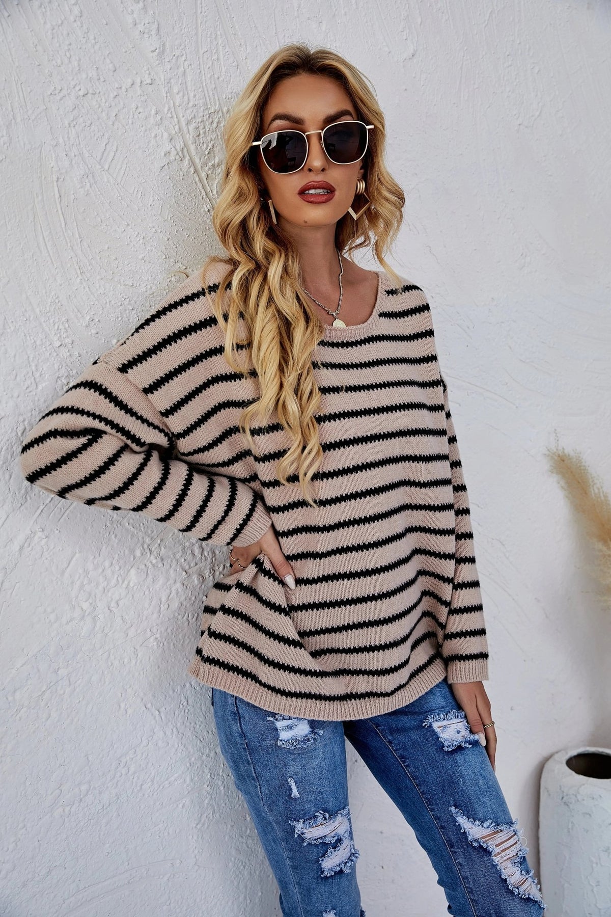 Round Neck Striped Knit Sweater - Get it from Bo