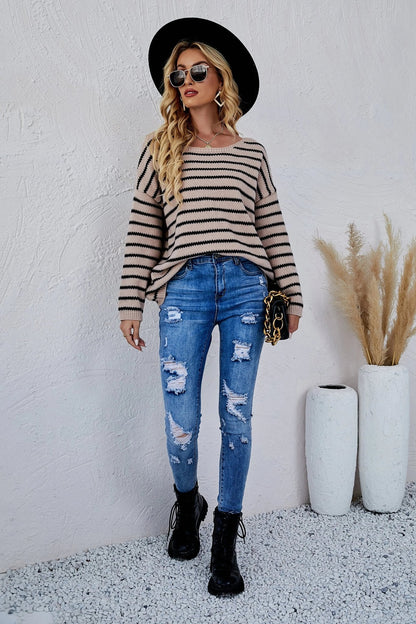 Round Neck Striped Knit Sweater - Get it from Bo
