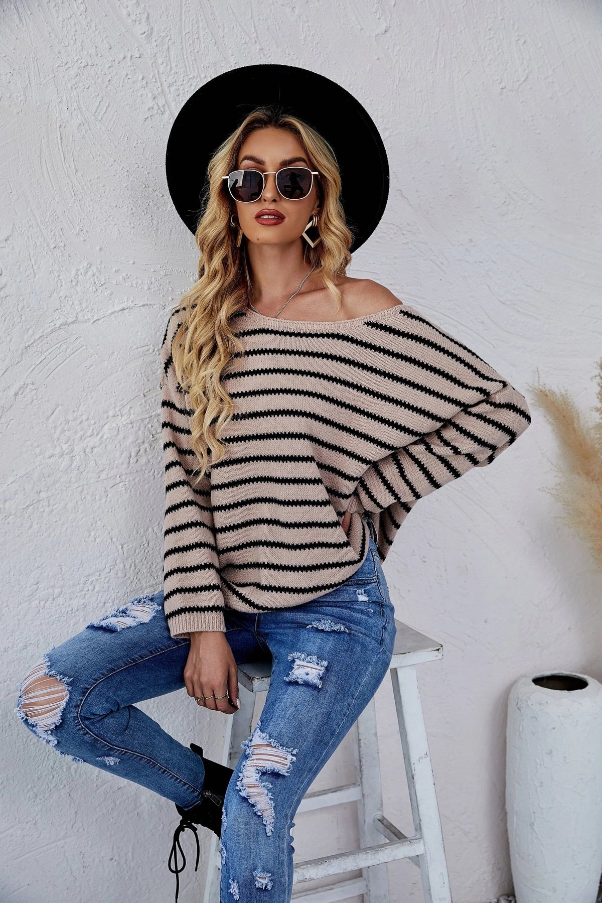 Round Neck Striped Knit Sweater - Get it from Bo