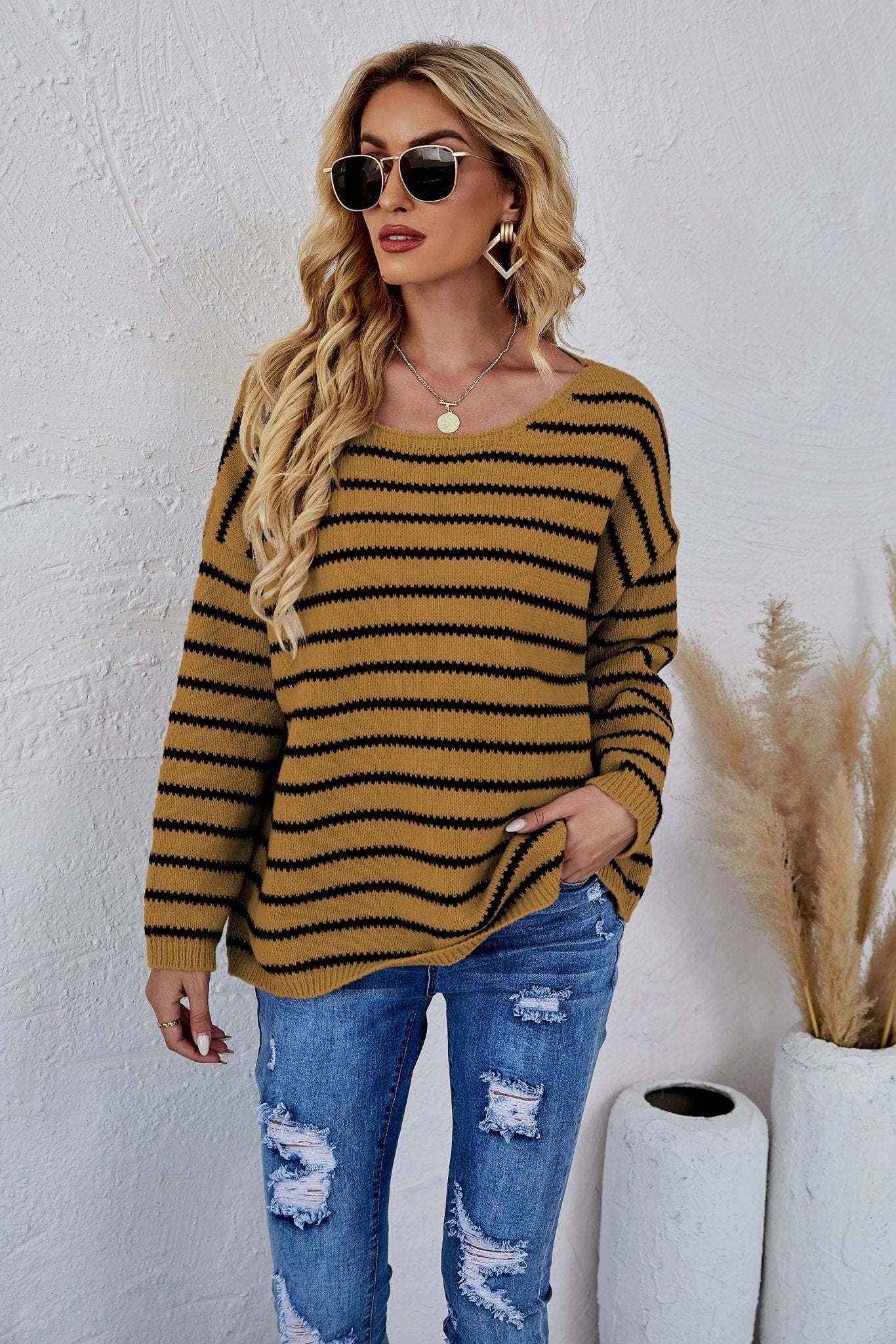 Round Neck Striped Knit Sweater - Get it from Bo