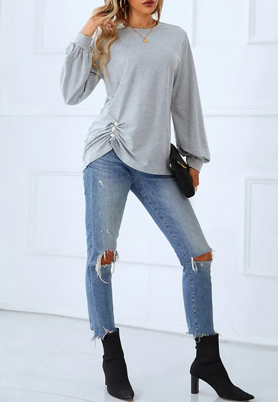 Ruched Button Hem Detail Sweater - Get it from Bo