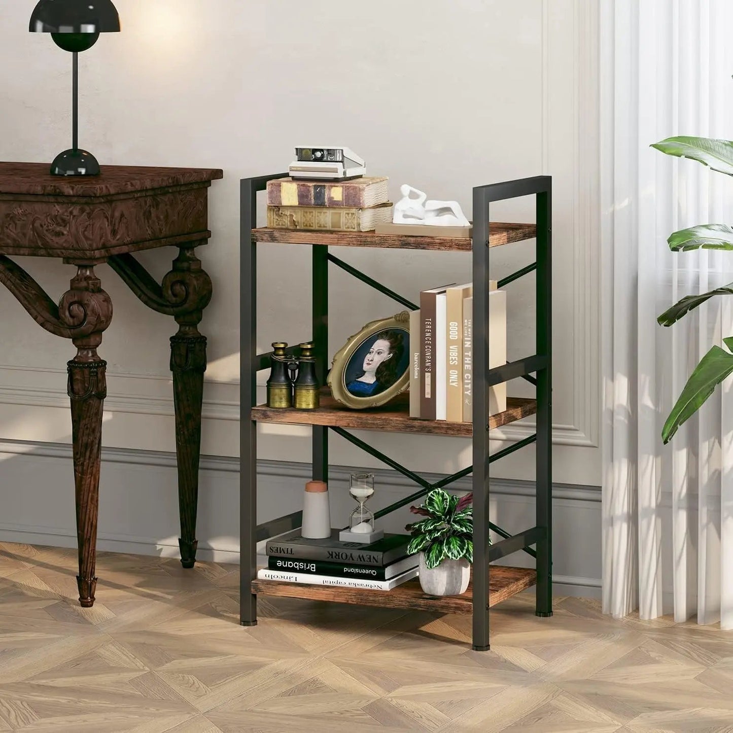 Rustic Brown 3 Tier Metal Bookshelf For Living Room - Get it from Bo