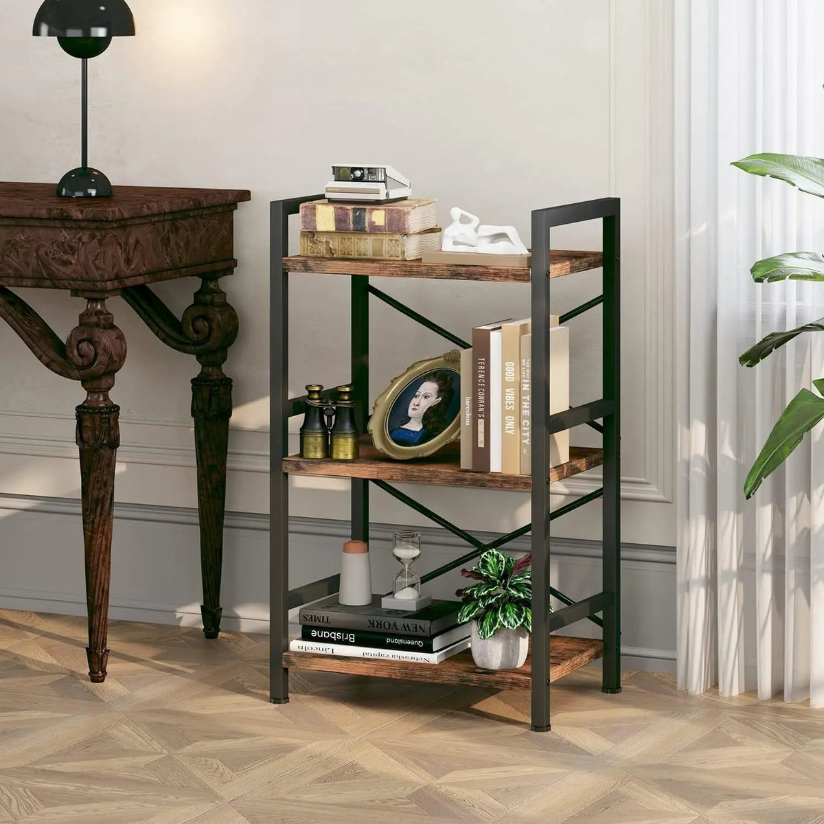 Rustic Brown 3 Tier Metal Bookshelf For Living Room - Get it from Bo