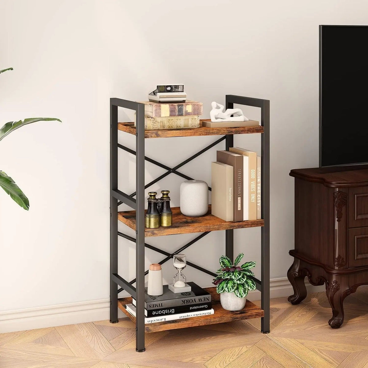 Rustic Brown 3 Tier Metal Bookshelf For Living Room - Get it from Bo