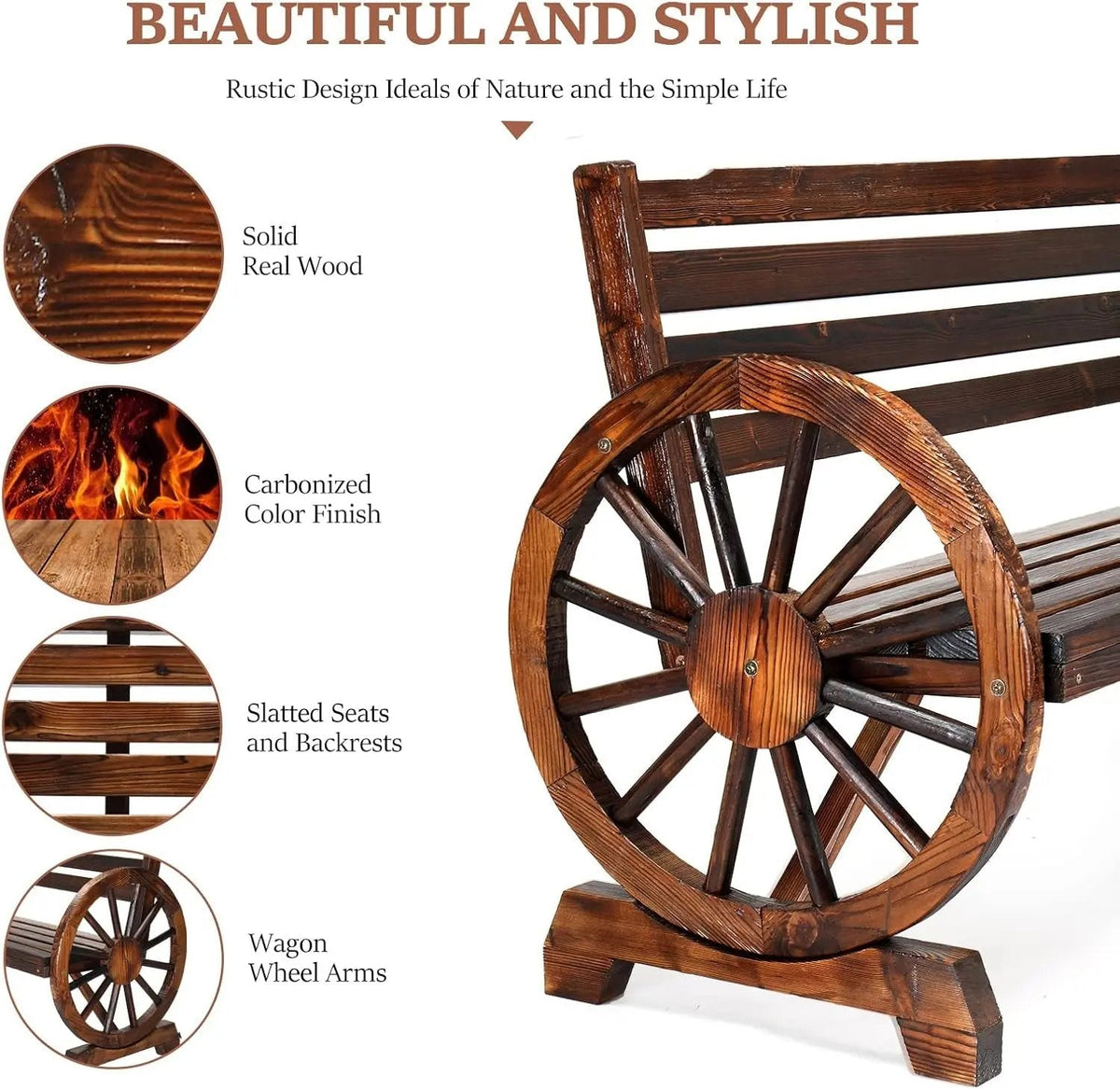 Rustic Wooden Garden Bench with Wagon Wheel Arms - Get it from Bo
