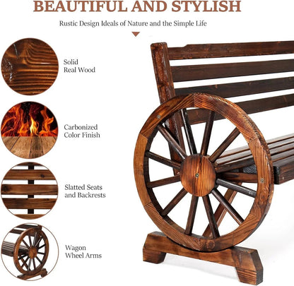Rustic Wooden Garden Bench with Wagon Wheel Arms - Get it from Bo