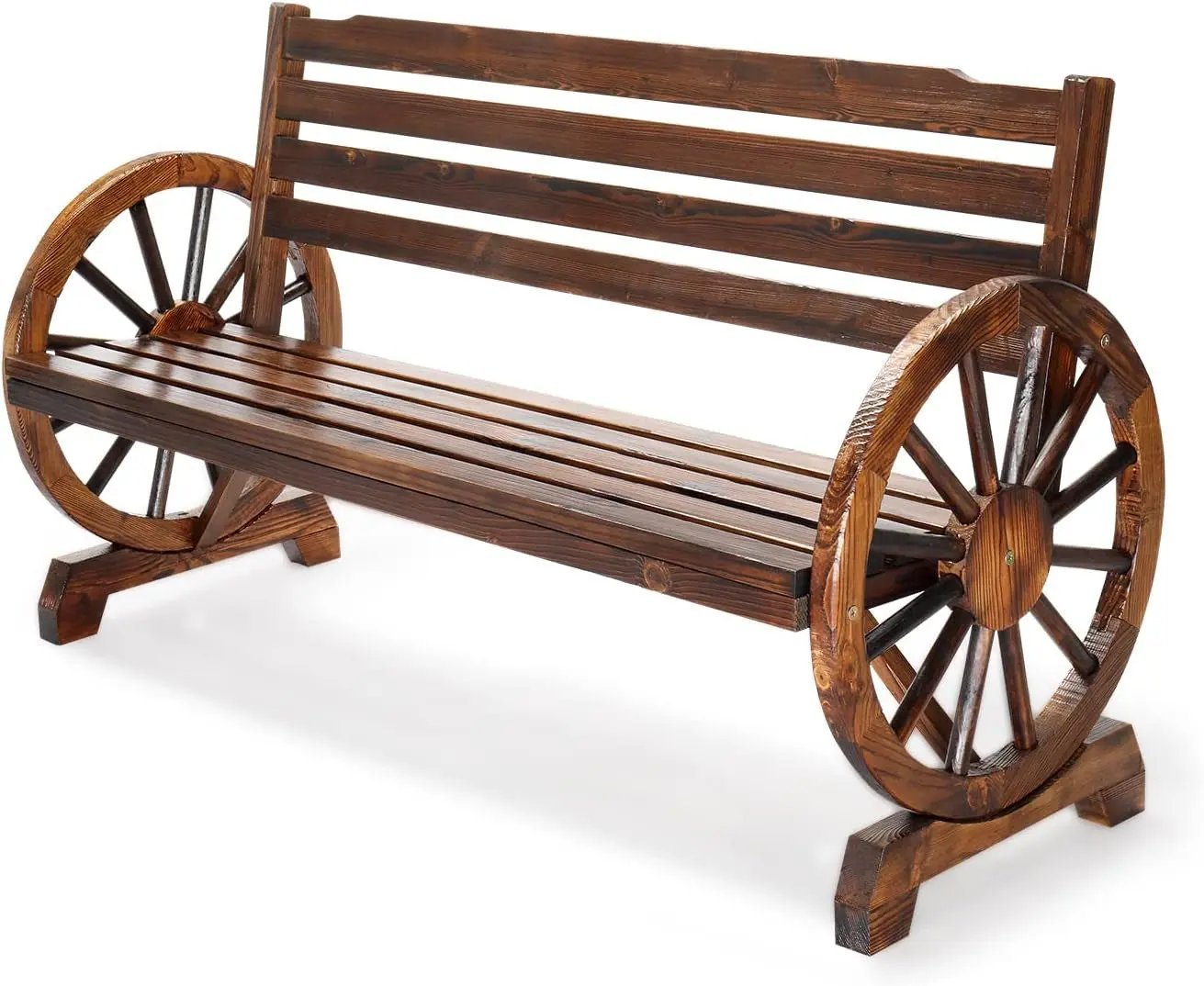 Rustic Wooden Garden Bench with Wagon Wheel Arms - Get it from Bo
