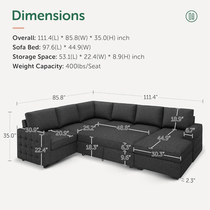 Sectional Sleeper Sofa with Pull Out Bed, Reversible Sectional Sleeper Couch with Storage Chaise U Shape Sectional Sofa, Dark Grey - Get it from Bo