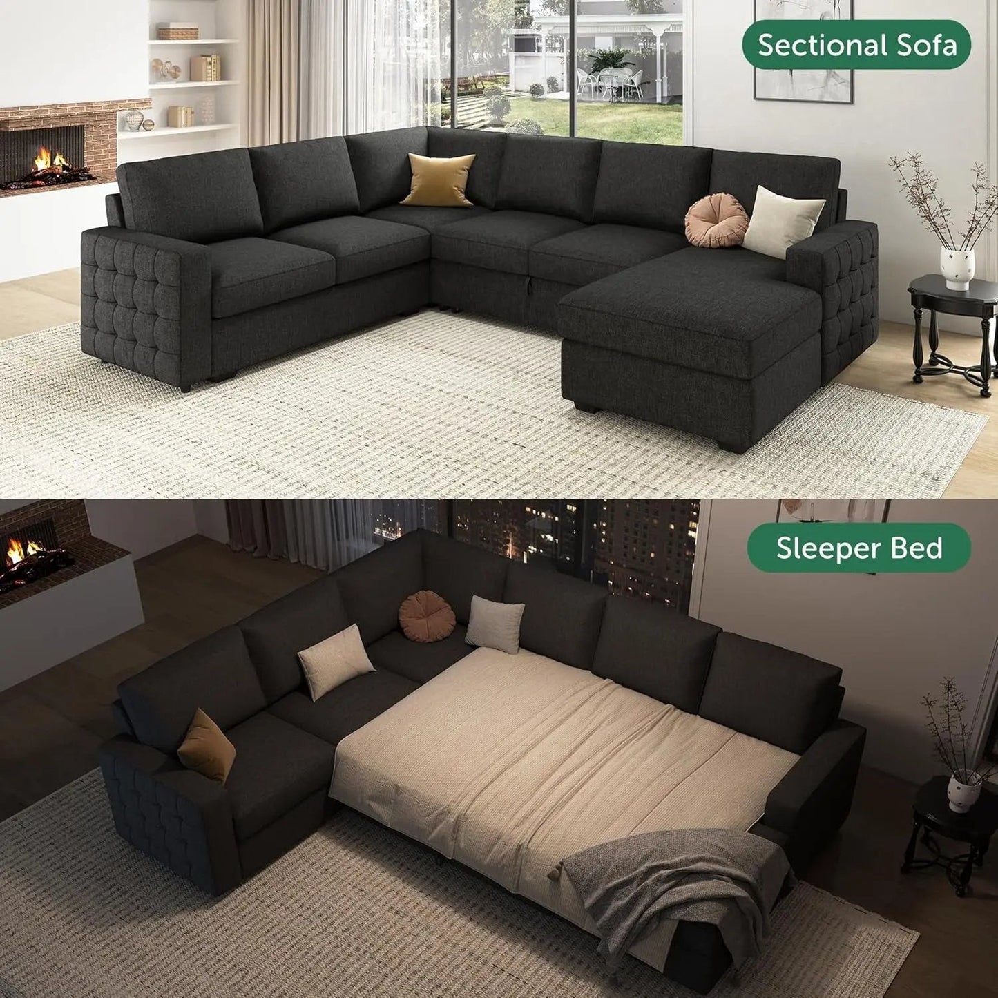 Sectional Sleeper Sofa with Pull Out Bed, Reversible Sectional Sleeper Couch with Storage Chaise U Shape Sectional Sofa, Dark Grey - Get it from Bo