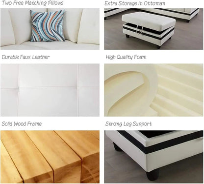 Sectional Sofa Faux Leather White L Shaped Couch Set - Get it from Bo