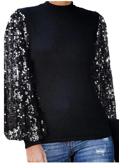 Sequin Balloon Long Sleeve Mock Neck Pullover - Get it from Bo