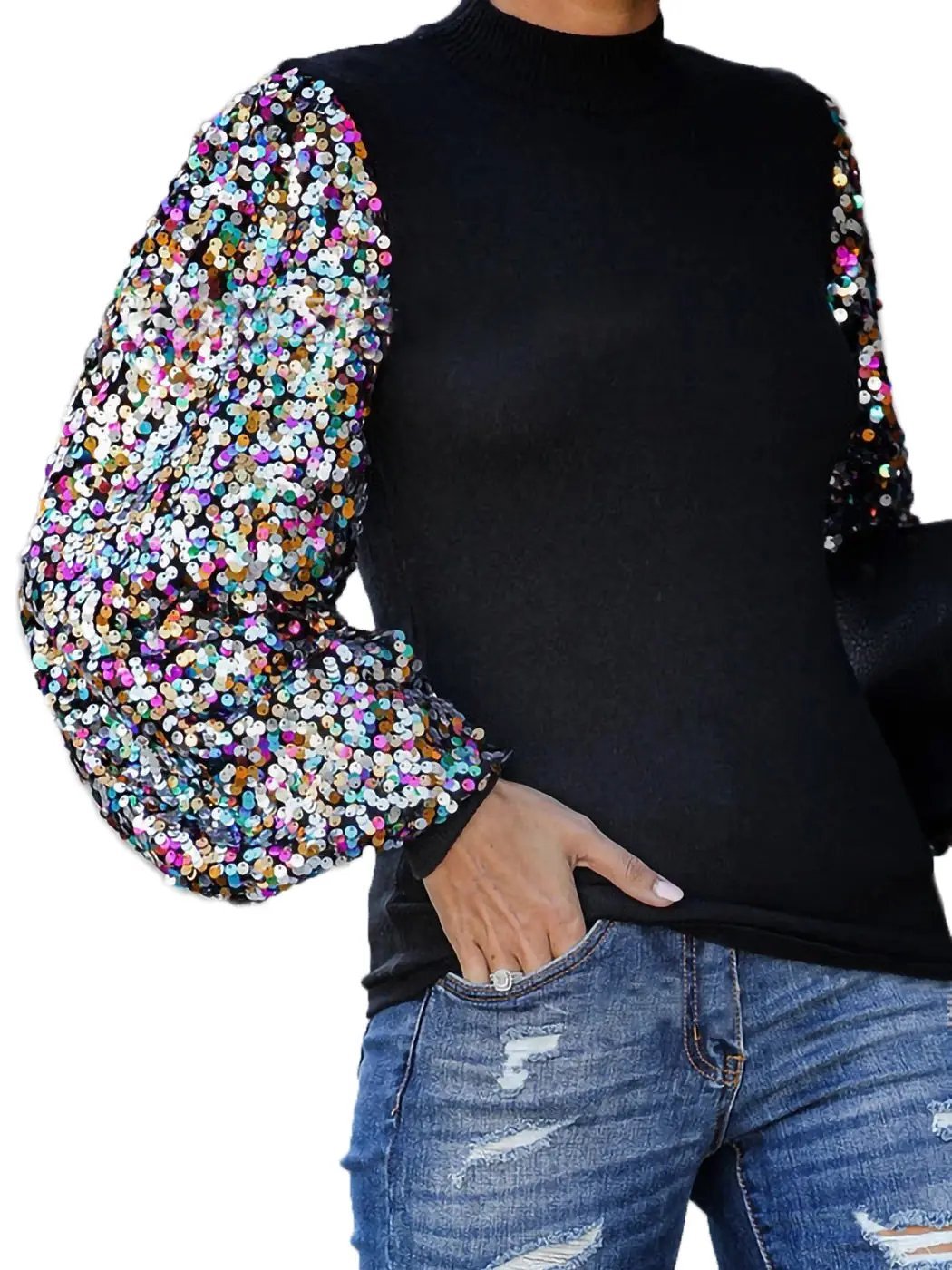 Sequin Balloon Long Sleeve Mock Neck Pullover - Get it from Bo