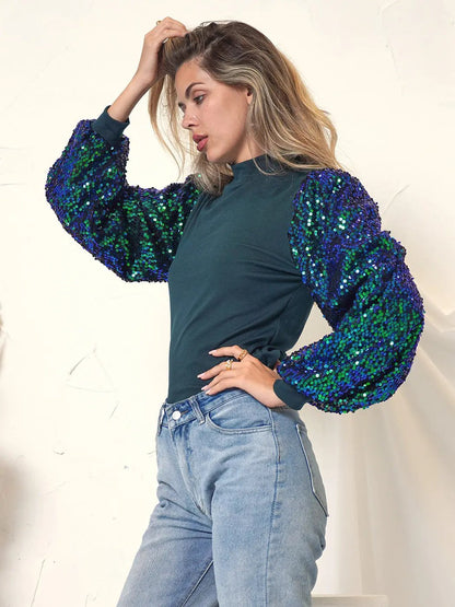 Sequin Balloon Long Sleeve Mock Neck Pullover - Get it from Bo