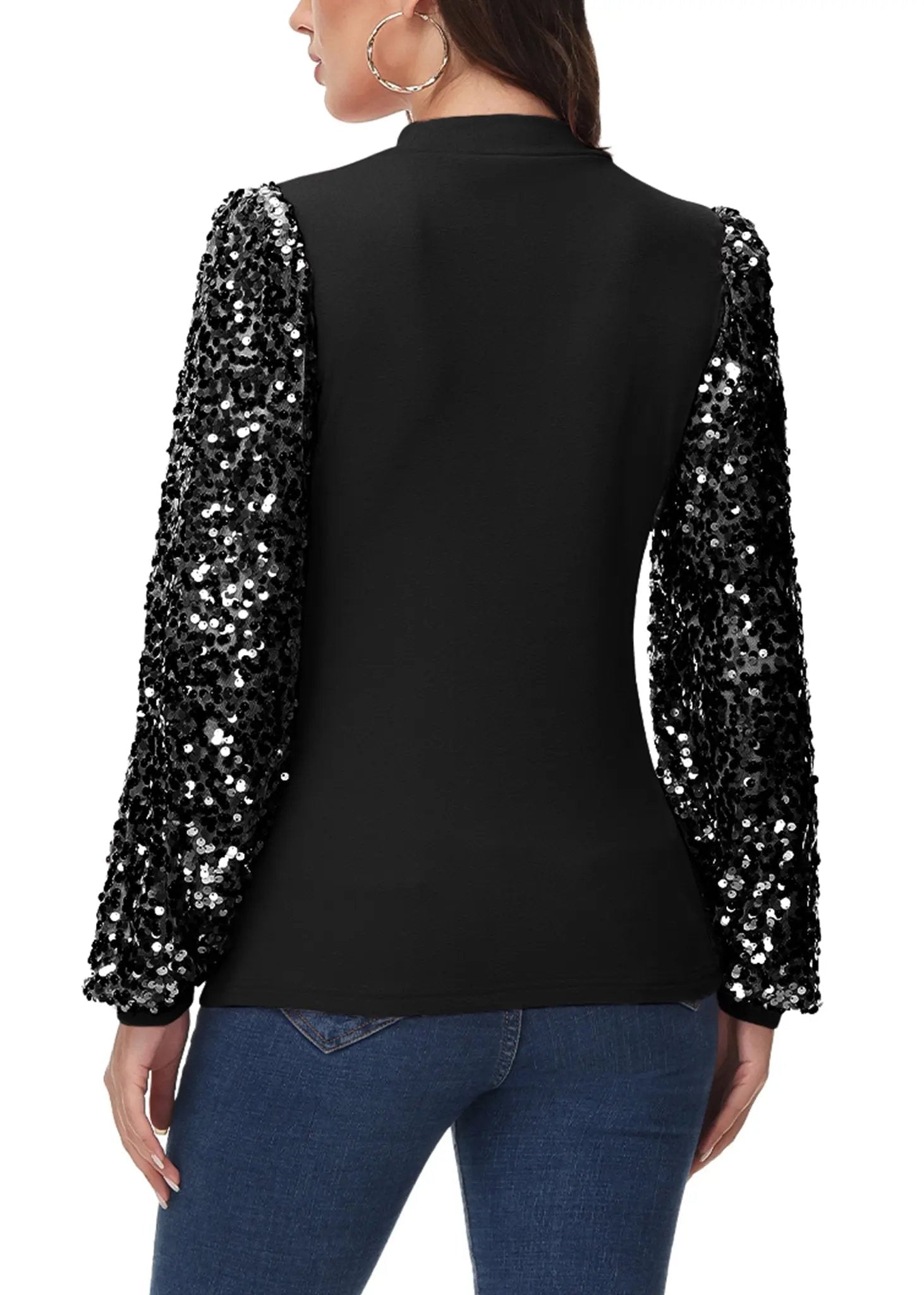 Sequin Balloon Long Sleeve Mock Neck Pullover - Get it from Bo