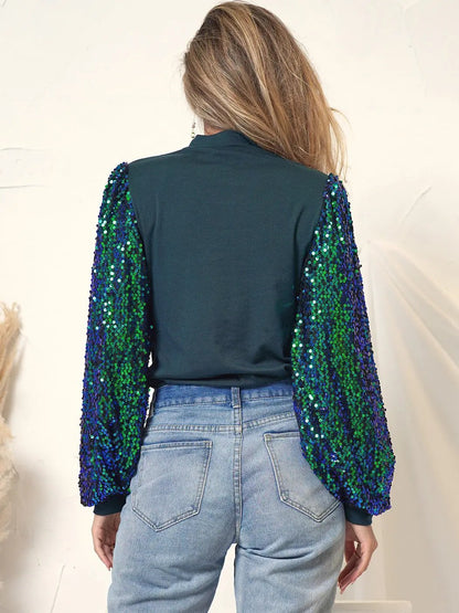 Sequin Balloon Long Sleeve Mock Neck Pullover - Get it from Bo