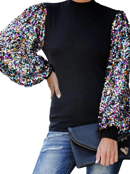 Sequin Balloon Long Sleeve Mock Neck Pullover - Get it from Bo