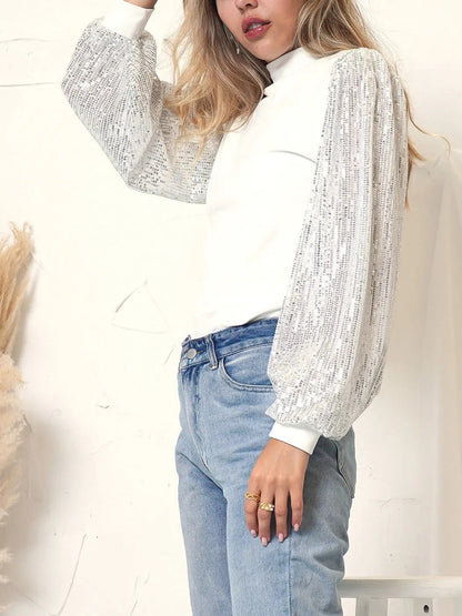 Sequin Balloon Long Sleeve Mock Neck Pullover - Get it from Bo