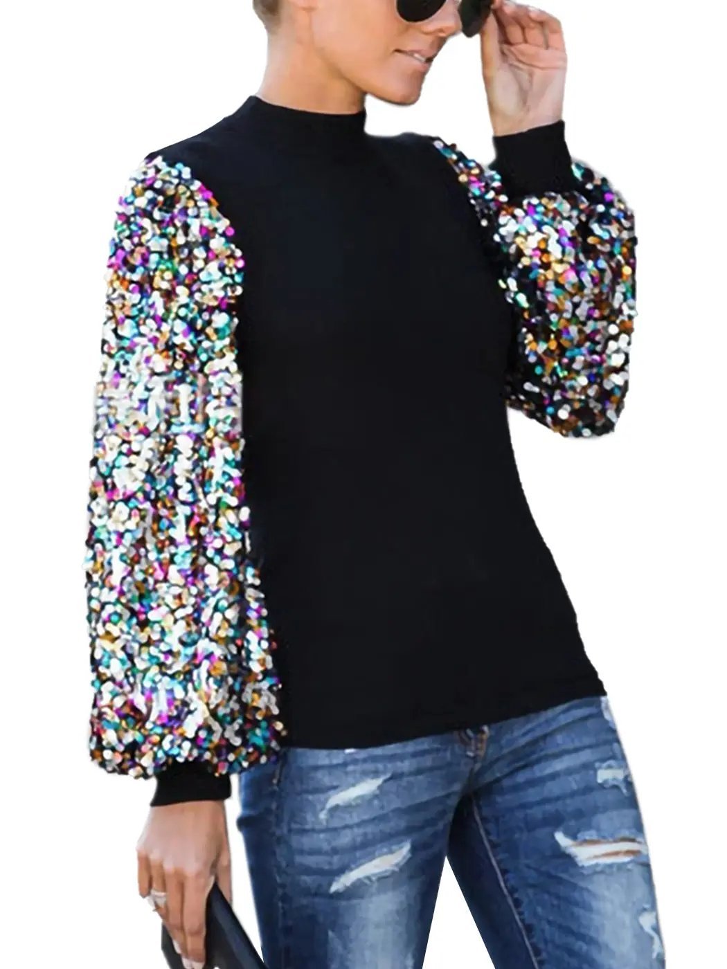 Sequin Balloon Long Sleeve Mock Neck Pullover - Get it from Bo