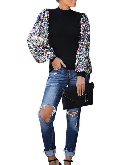 Sequin Balloon Long Sleeve Mock Neck Pullover - Get it from Bo