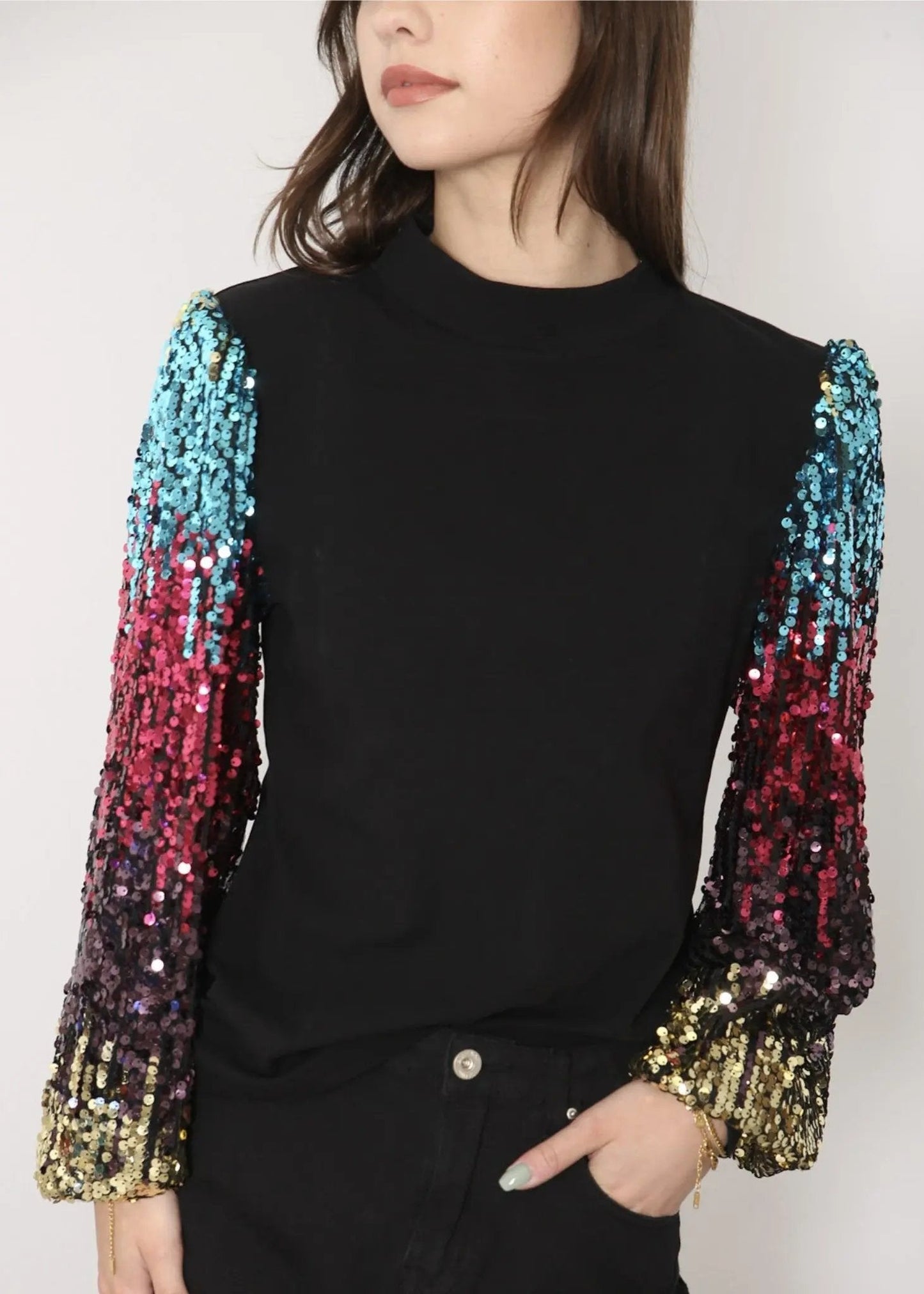 Sequin Balloon Long Sleeve Mock Neck Pullover - Get it from Bo