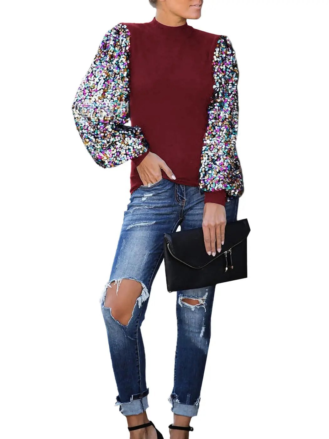Sequin Balloon Long Sleeve Mock Neck Pullover - Get it from Bo