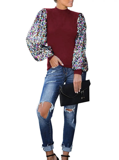 Sequin Balloon Long Sleeve Mock Neck Pullover - Get it from Bo