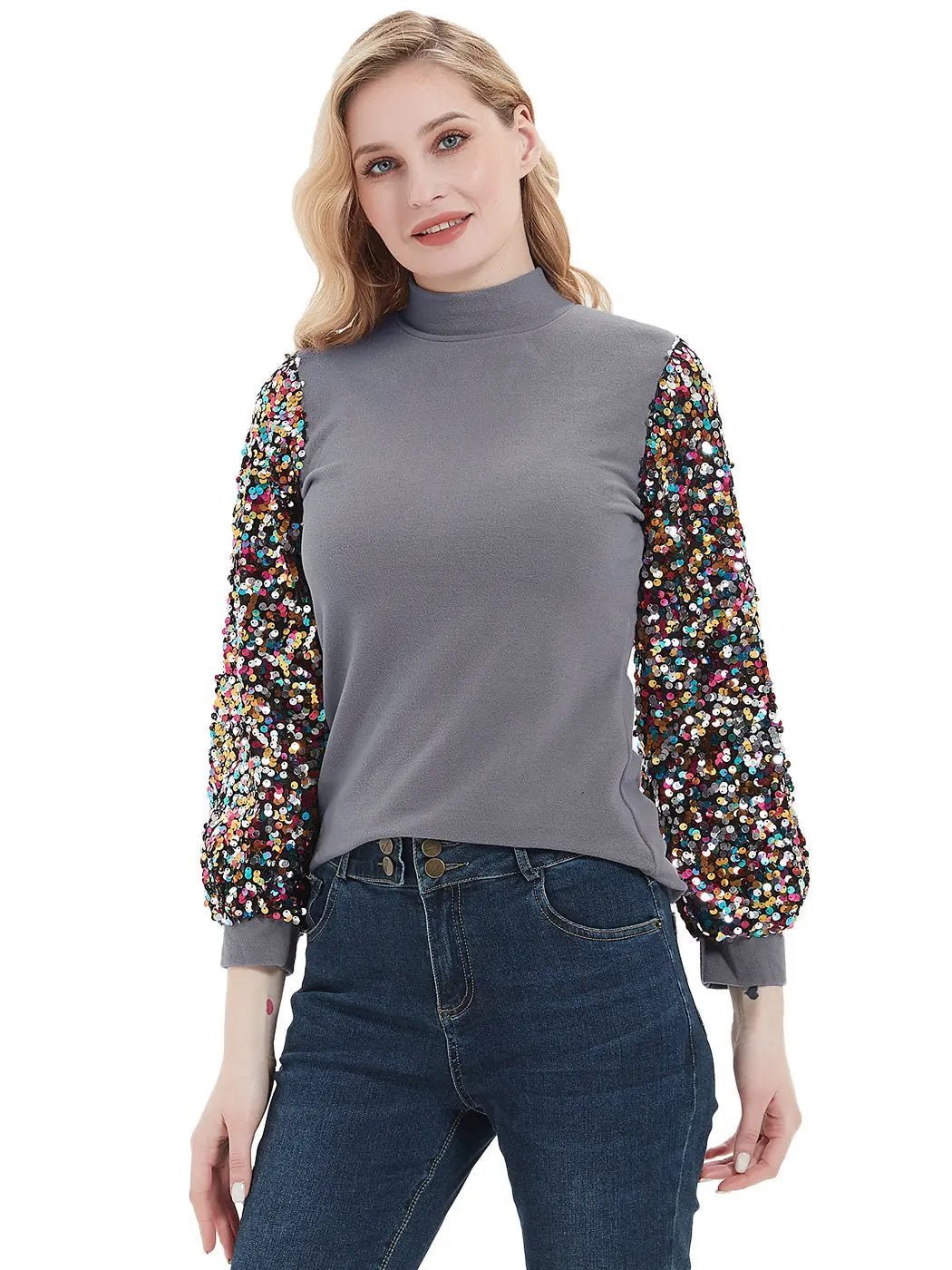 Sequin Balloon Long Sleeve Mock Neck Pullover - Get it from Bo