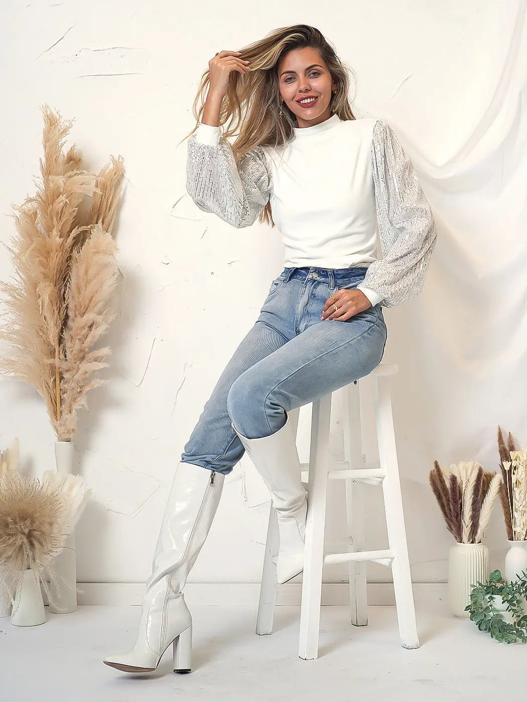 Sequin Balloon Long Sleeve Mock Neck Pullover - Get it from Bo