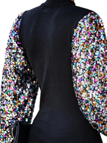 Sequin Balloon Long Sleeve Mock Neck Pullover - Get it from Bo