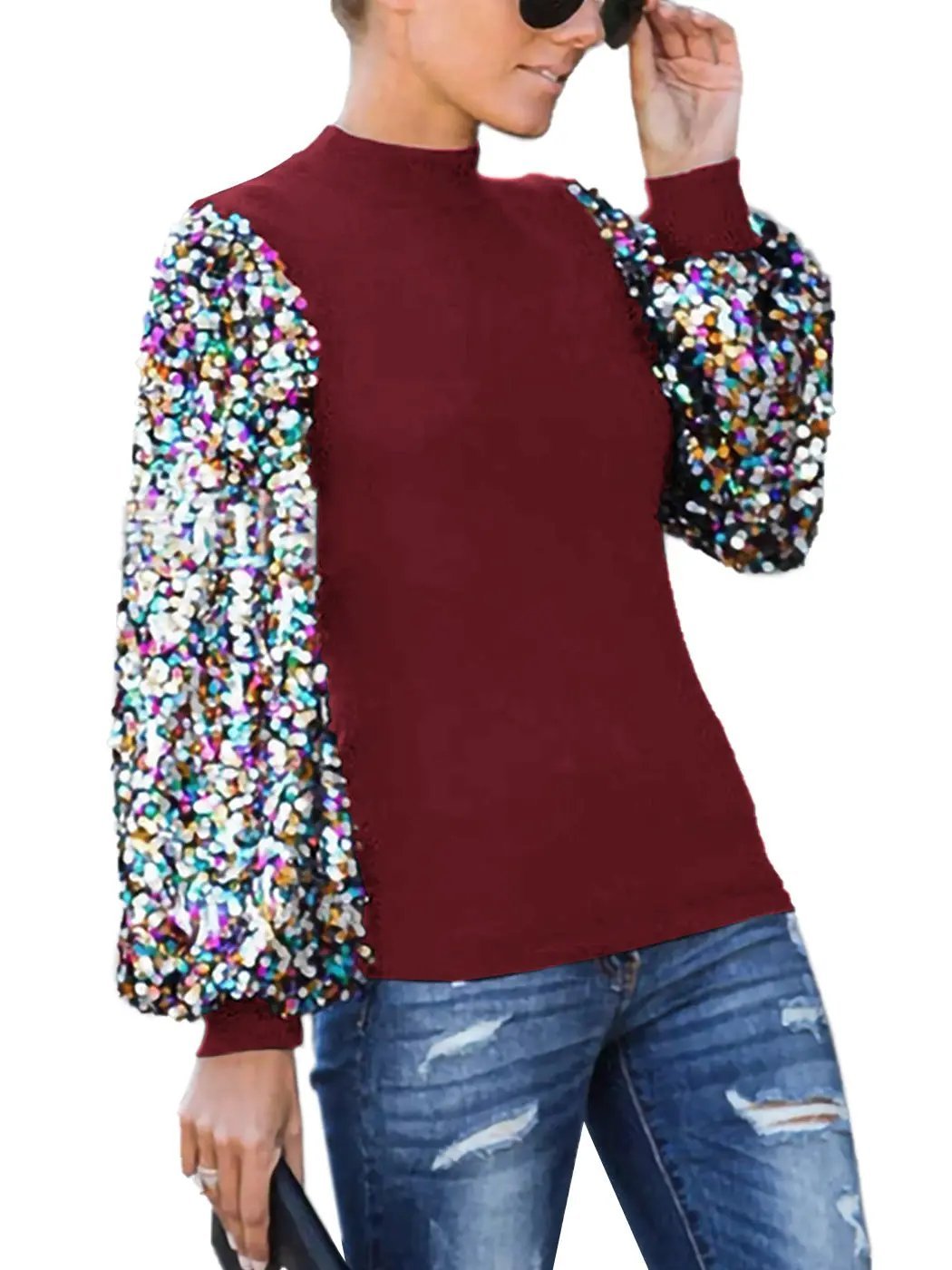Sequin Balloon Long Sleeve Mock Neck Pullover - Get it from Bo