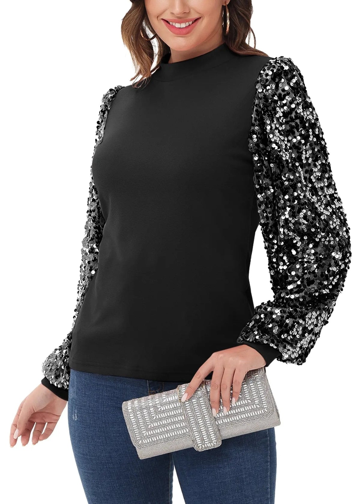 Sequin Balloon Long Sleeve Mock Neck Pullover - Get it from Bo