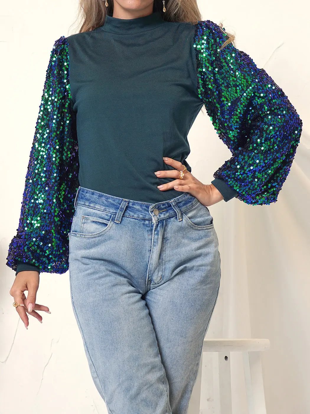 Sequin Balloon Long Sleeve Mock Neck Pullover - Get it from Bo