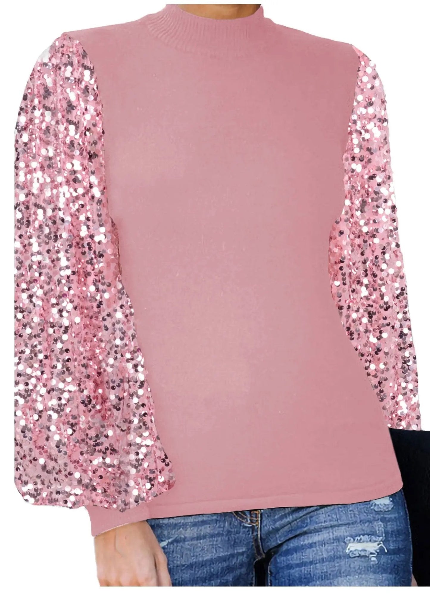 Sequin Balloon Long Sleeve Mock Neck Pullover - Get it from Bo