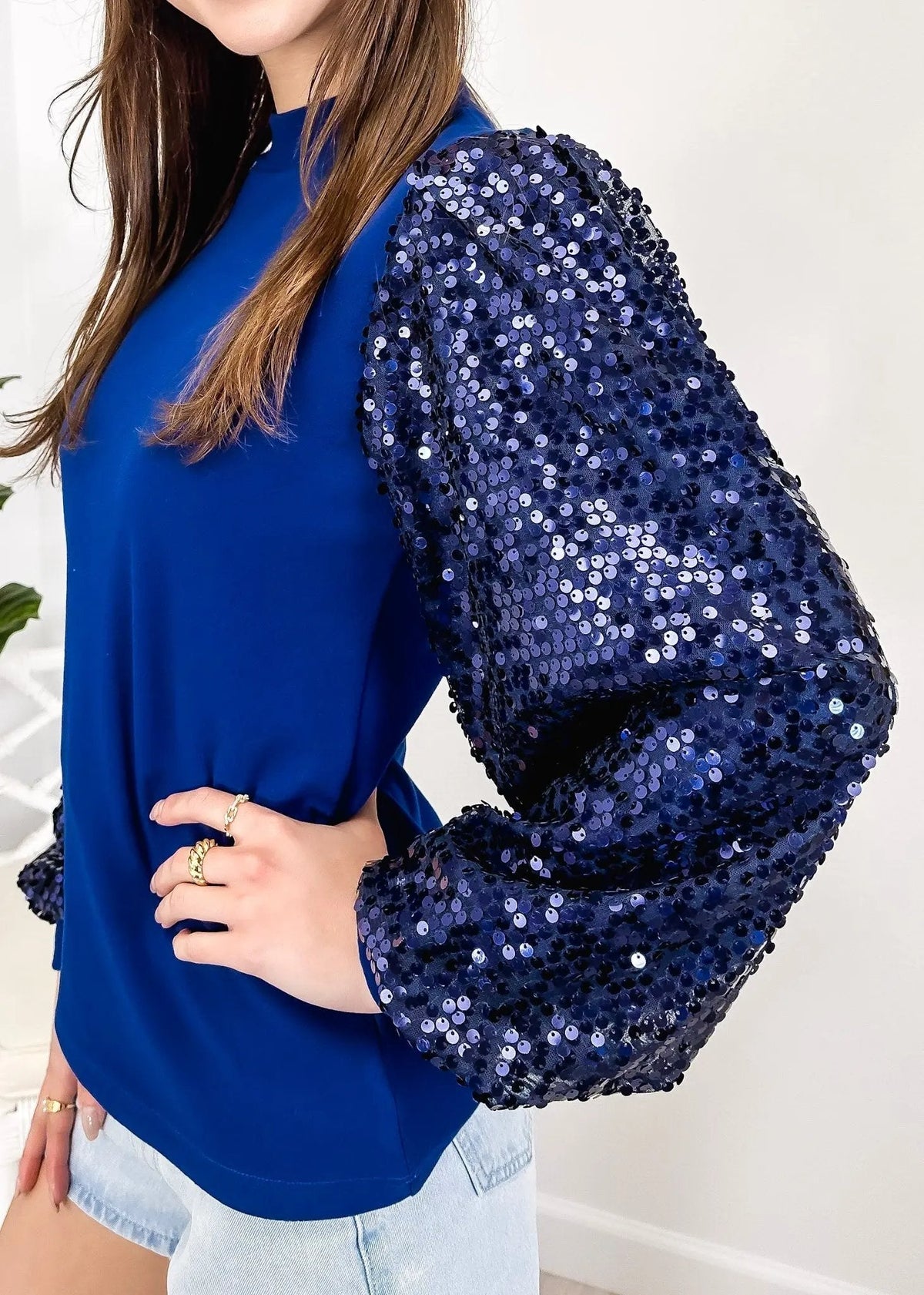 Sequin Balloon Long Sleeve Mock Neck Pullover - Get it from Bo